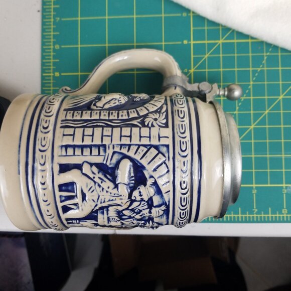 Beer Stein Pewter Lid Vtg Gerz West Germany Blue‎ And Beige tavern scene - Picture 10 of 11
